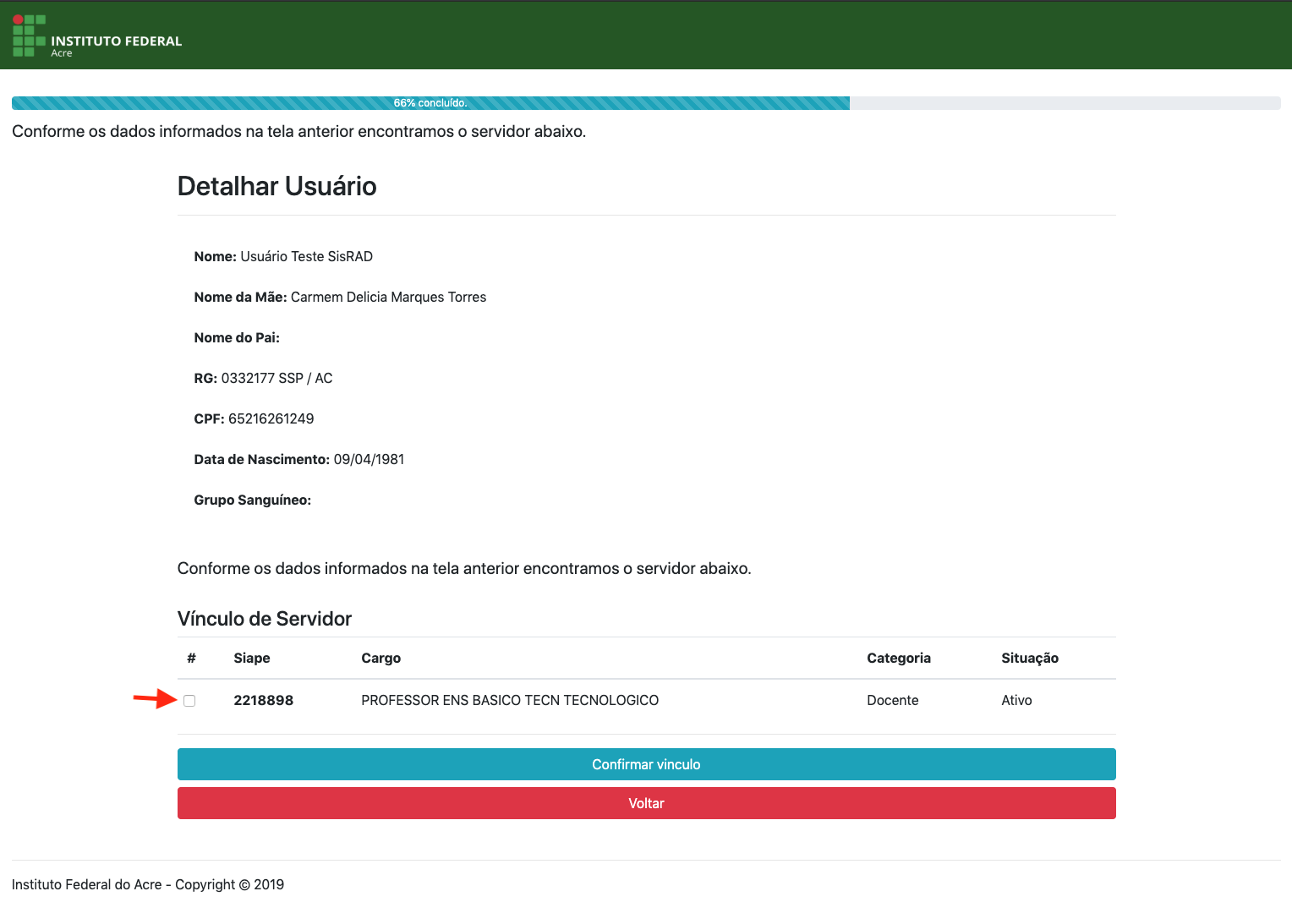 Tela de Confirmação de Vínculo