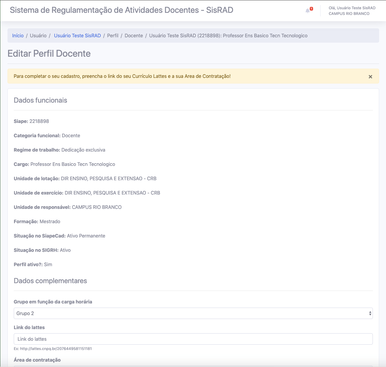 Tela de Edição de Perfil