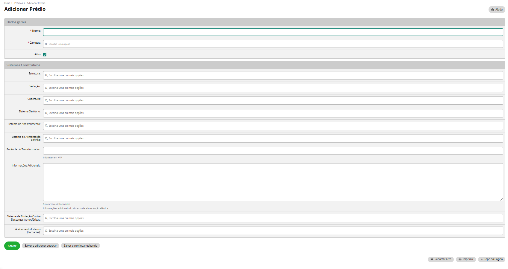 Formulário de Cadastro de Prédios