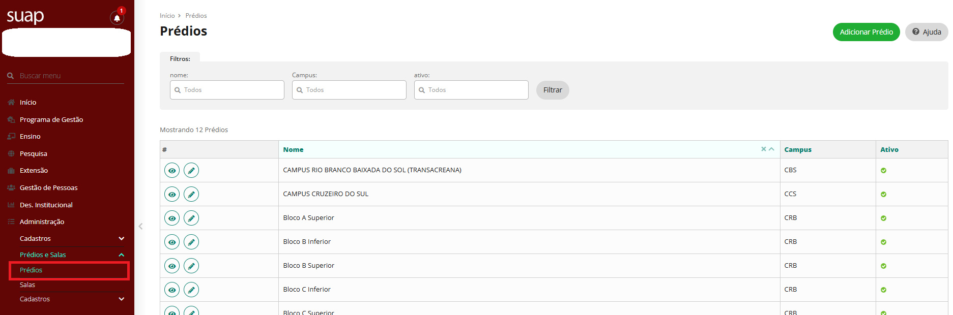 Tela Inicial do Módulo de Prédios