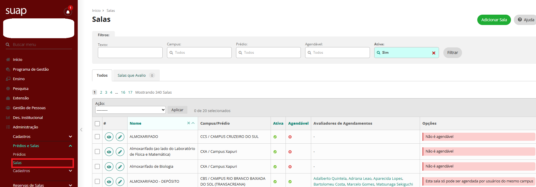Tela Inicial do Módulo de Salas