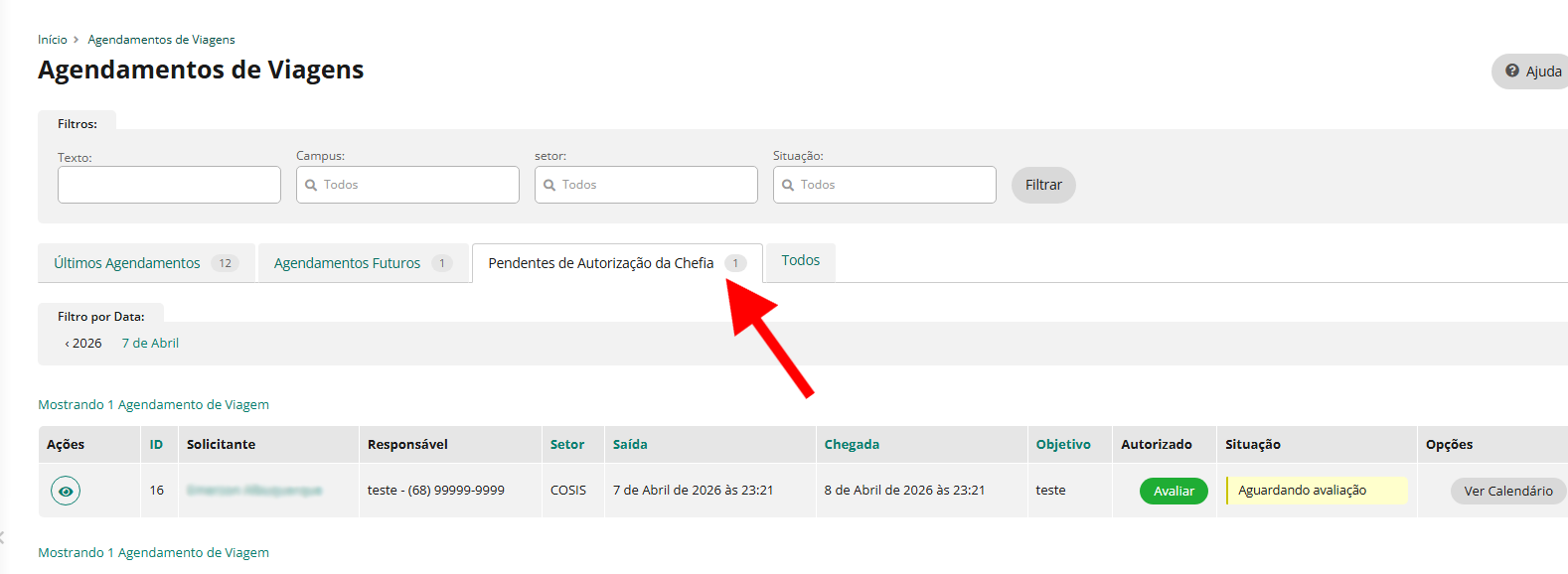 Aba Pendentes de Autorização da Chefia