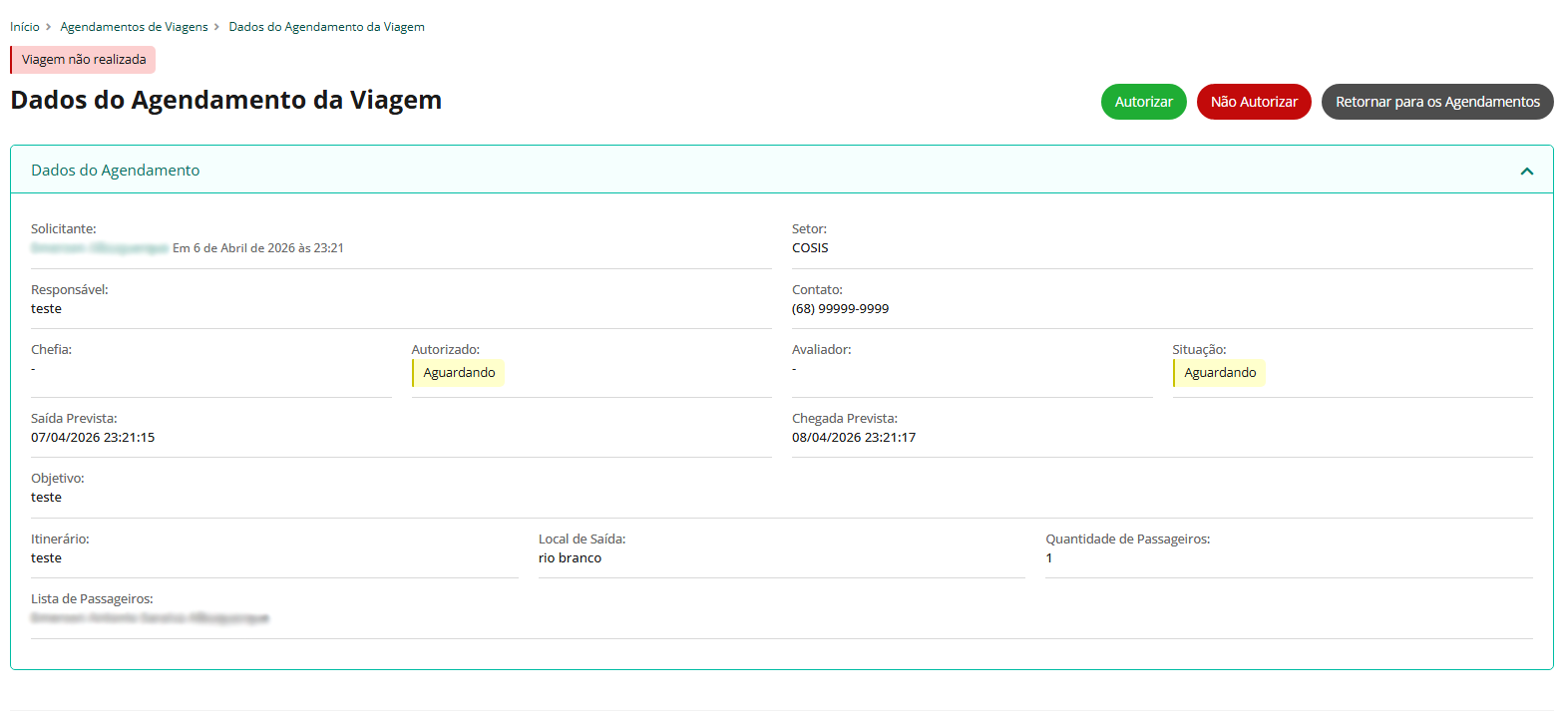 Tela com os Dados do Agendamento