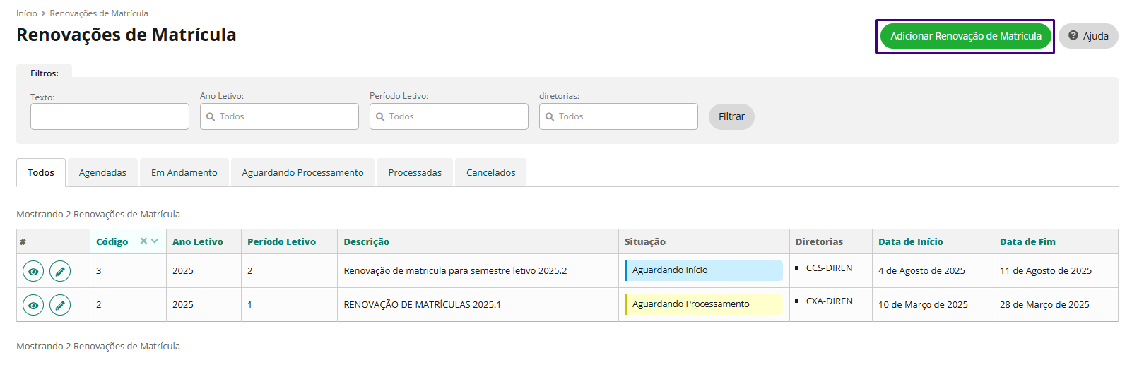 Botão Adicionar Renovação de Matrícula