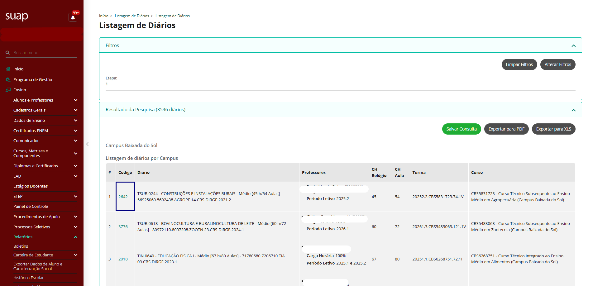 Códigos dos Diários