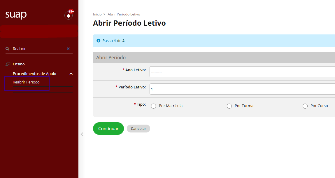 Tela do módulo Reabrir Período