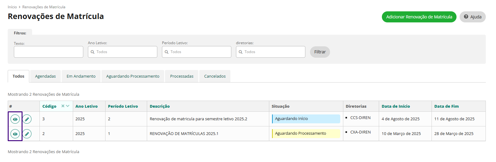Ver Renovação de Matrícula