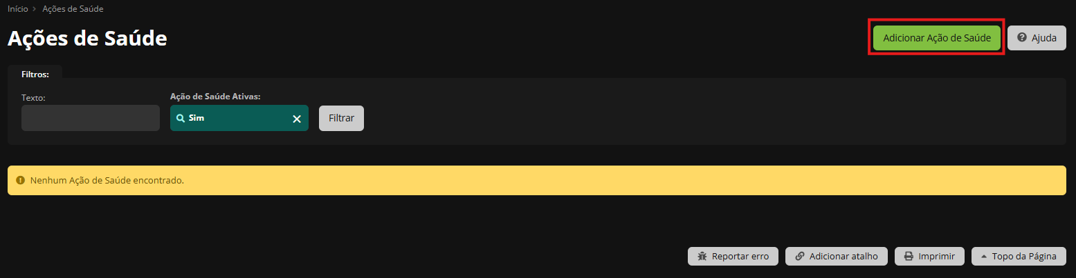 Botão Adicionar Ação de Saúde destacado