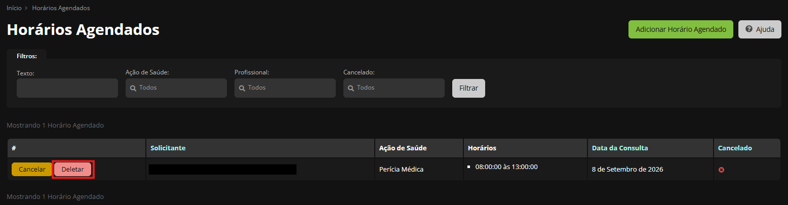 Botão Deletar destacado na listagem de Horários Agendados