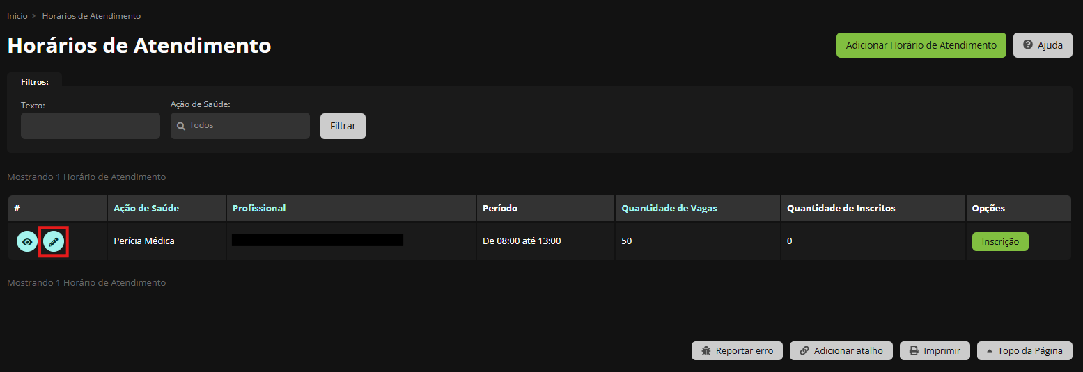 Ícone de editar destacado na listagem de Horários de Atendimento