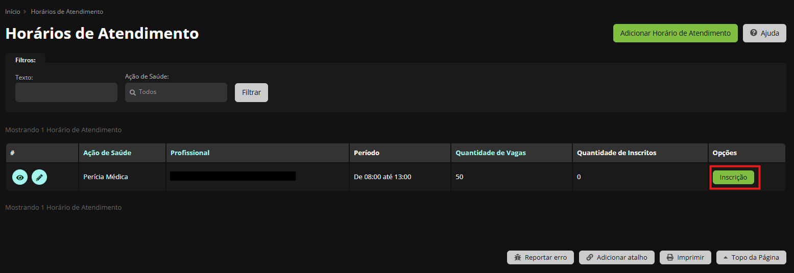 Botão Inscrição destacado na listagem de Horários de Atendimento