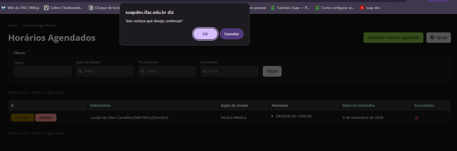 Modal de confirmação de cancelamento de agendamento