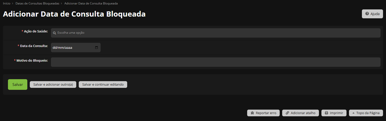 Formulário de Adicionar Data de Consulta Bloqueada