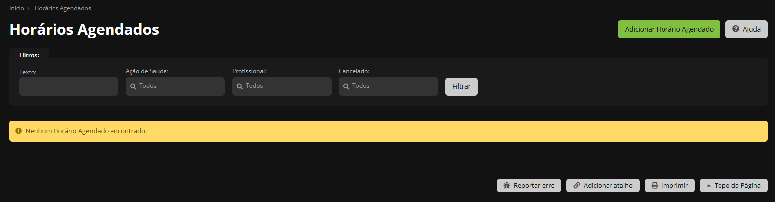 Tela de Horários Agendados vazia