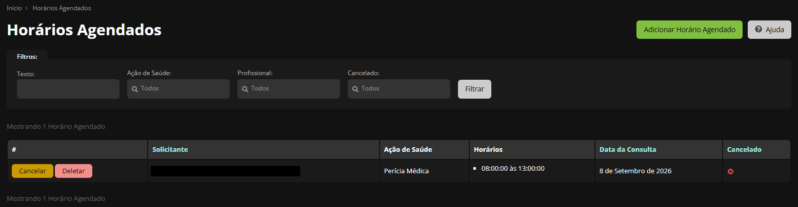 Listagem de Horários Agendados com um registro cadastrado