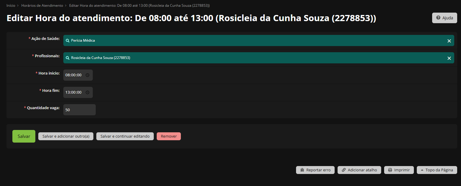 Tela de Editar Hora do Atendimento