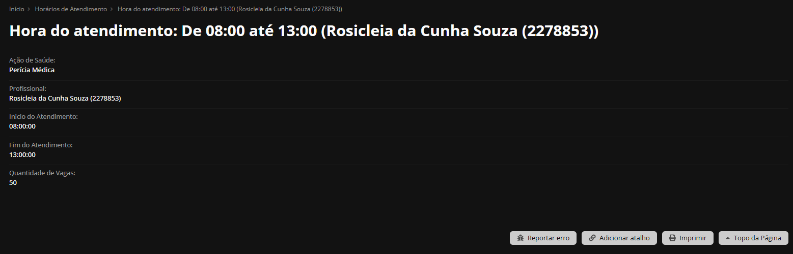 Listagem de Horários de Atendimento com um registro cadastrado