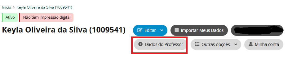 Tela de dados do professor