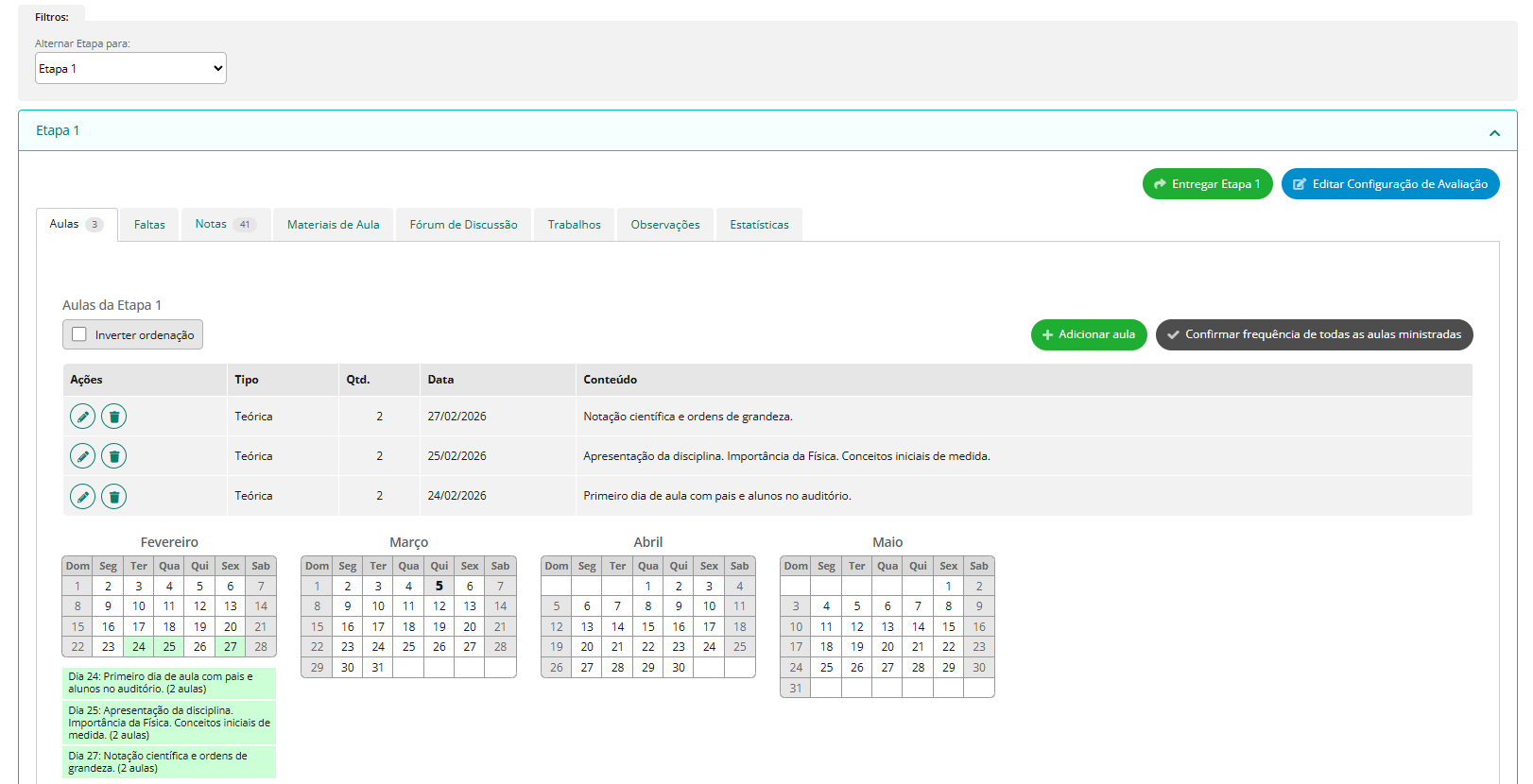 Abas da etapa selecionada com botão Editar Configuração de Avaliação