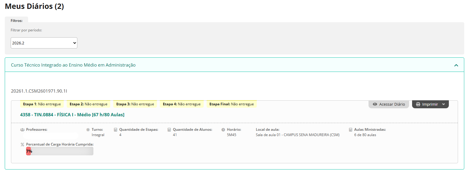 Tela Inicial do Módulo Meus Diários